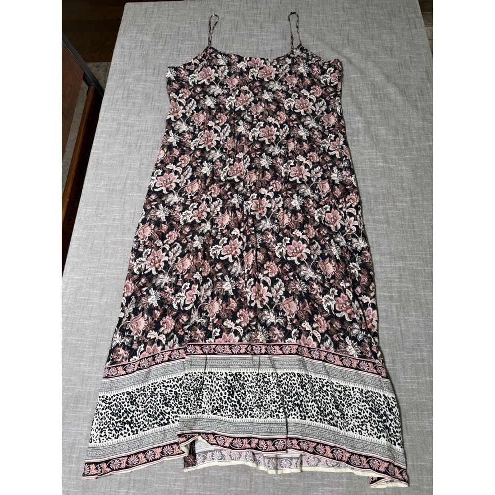 MNG Casual Floral Leopard Print Midi Dress Spaghetti Strap Slit Black Pink L - Picture 7 of 8